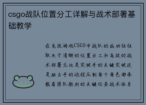 csgo战队位置分工详解与战术部署基础教学